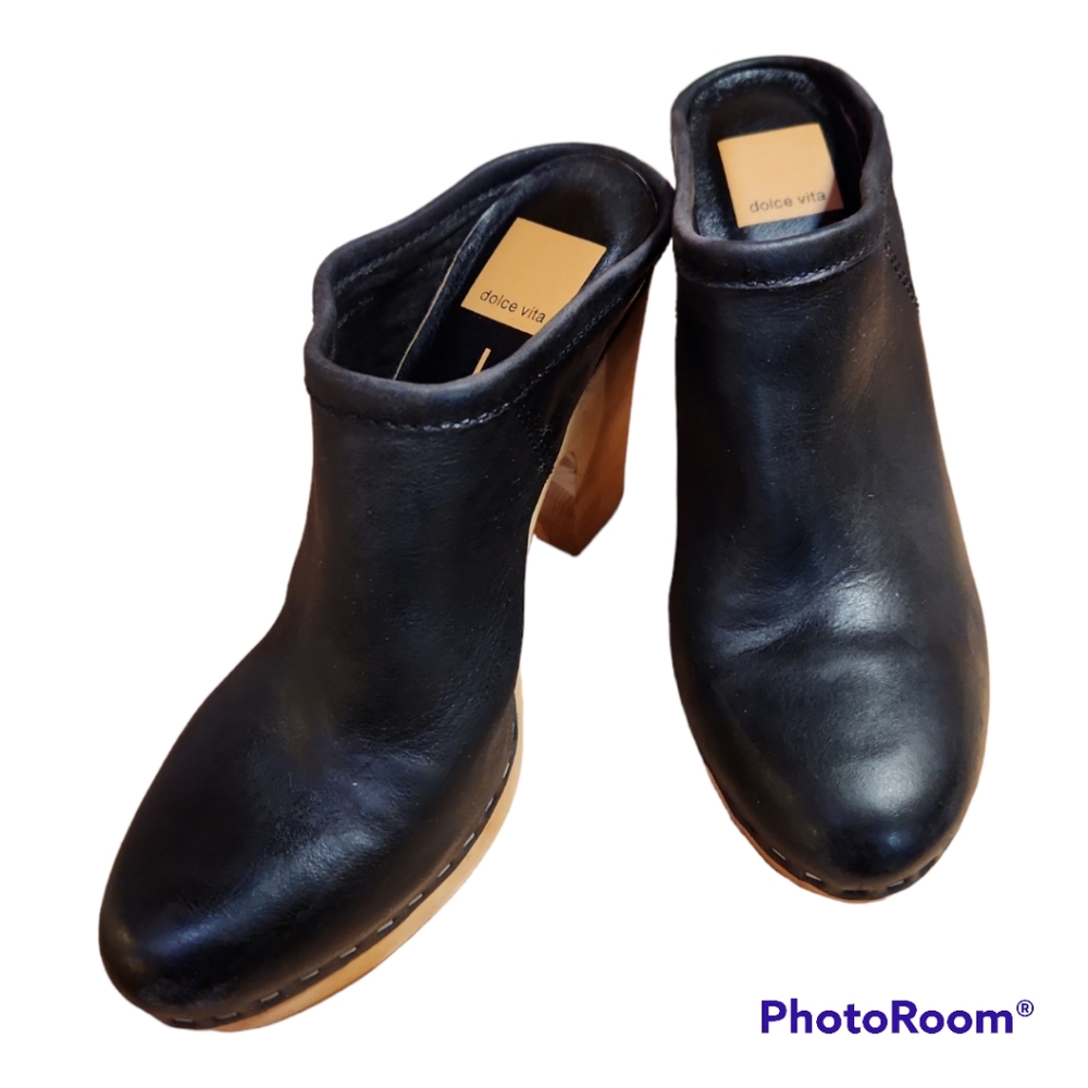 Dolce Vita Leather Ackley Clog Wooden Heel Black Size 7 Boho 70s retro